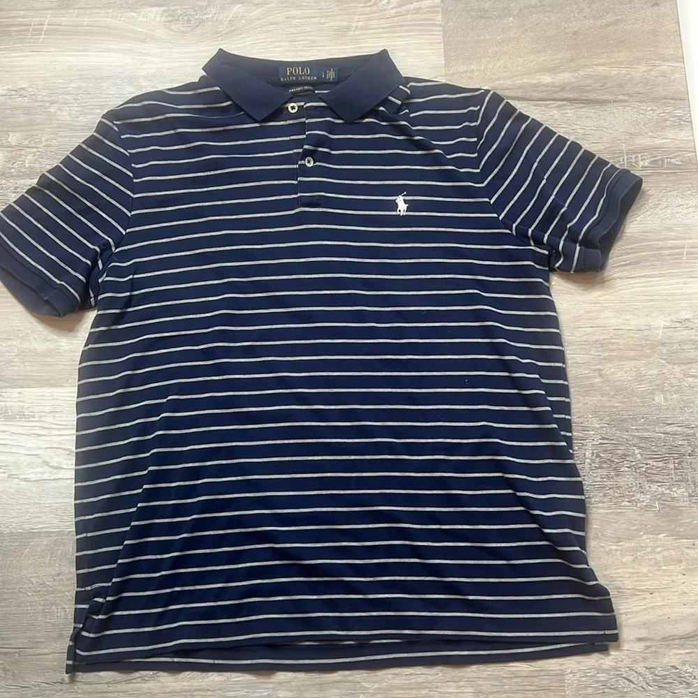 Men’s Navy Blue and White Striped Polo Ralph Lauren Shirt Size Large